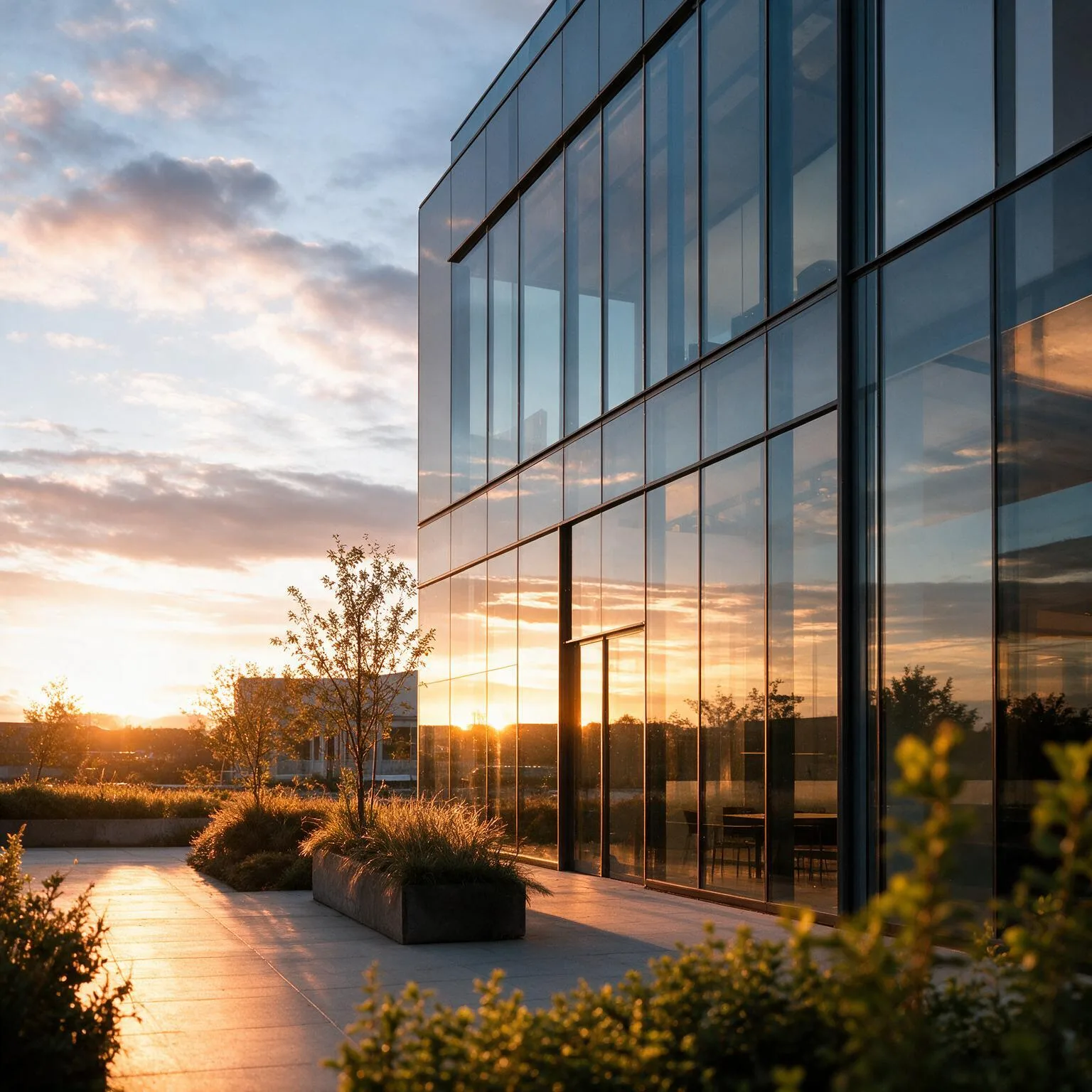Architectural window film on a glass building at sunset